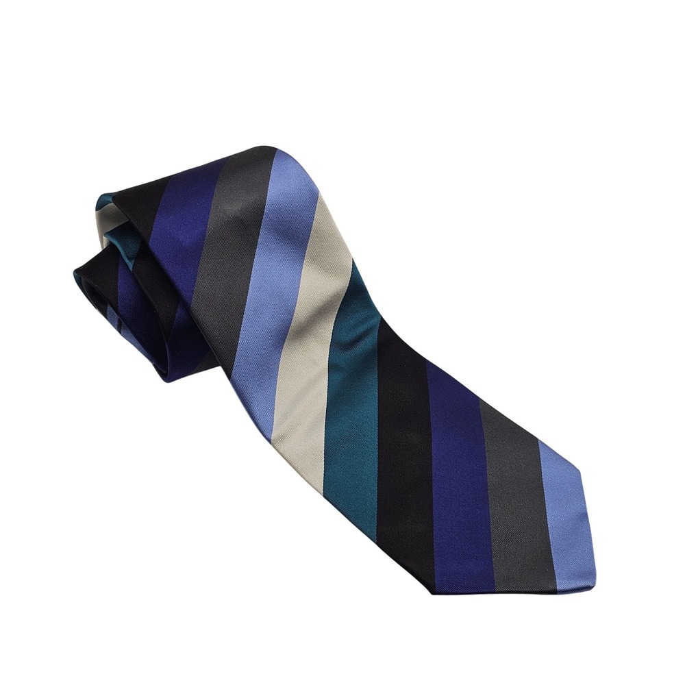 Ben Silver Silk Tie Blue Teal Grey Striped Preppy Ivy‎ League Handmade England